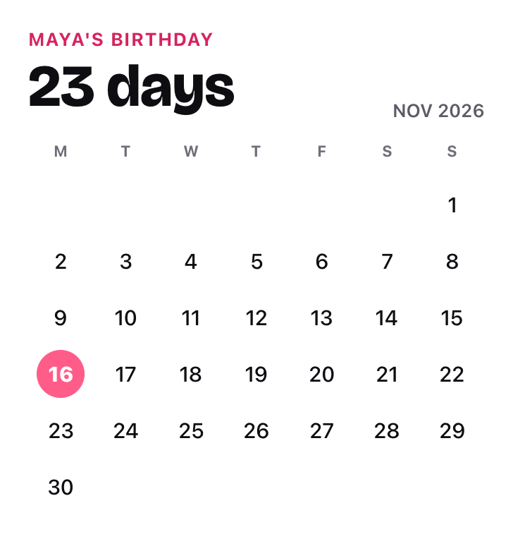 Month View widget with the big day circled